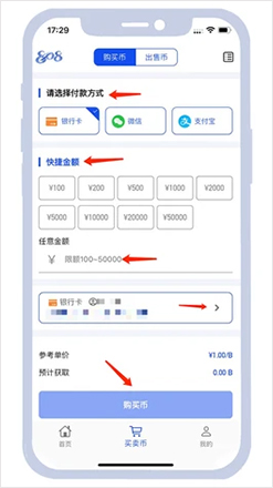 808pay钱包买币步骤2-选择付款方式，根据页面显示快捷金额，或手动输入您需要的金额，选择付款方式，点击购买币
